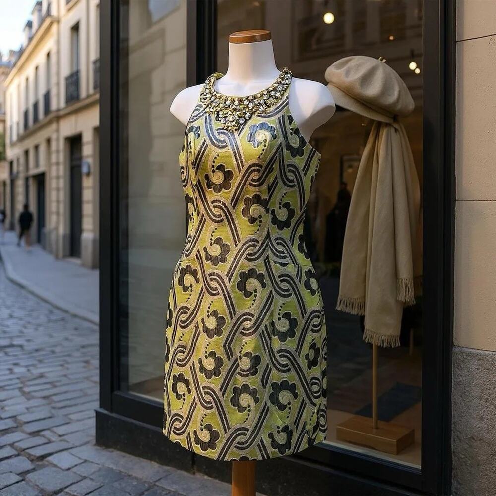 LILLY PULITZER BROCADE METALLIC GREEN BEADED HALTER SHIFT DRESS SZ 2 Party Prepp